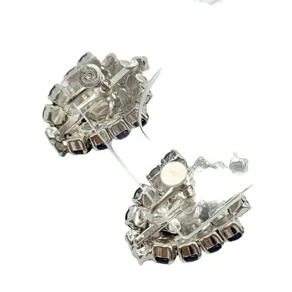 Blue Clear Rhinestone Pink Flower Guilloche Style Large Silver Tone Earrings - Picture 4 of 4